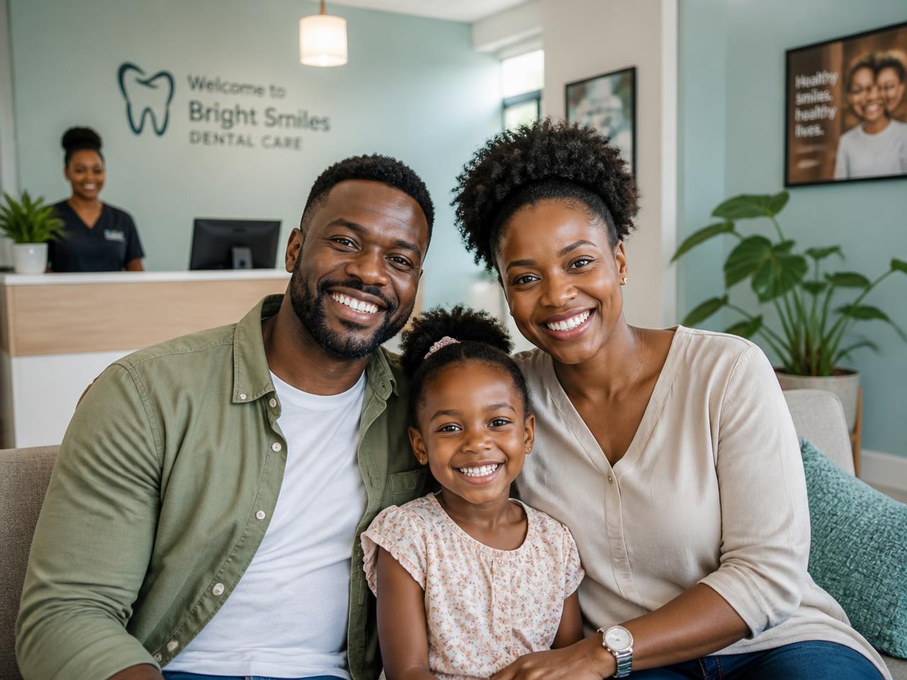 Família sorridente na receção da clínica